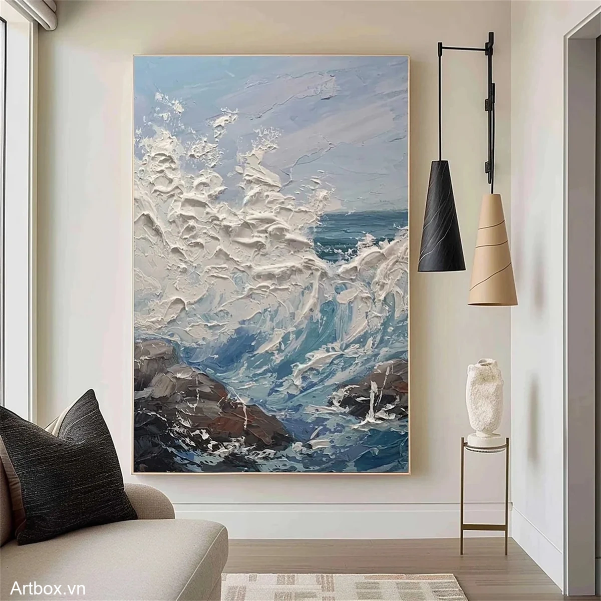 Sóng Vỗ Bờ – Tranh Sơn Acrylic Trừu Tượng Biển Xanh dương Trang Trí Phòng khách, Phòng ngủ – Phong Cách Hiện Đại