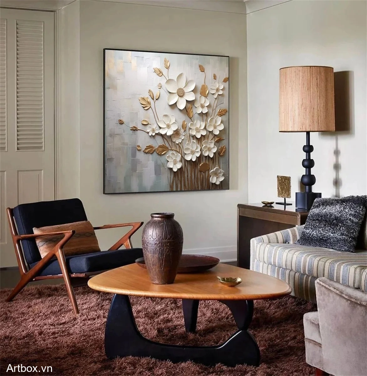 Vườn Hoa Trắng Vàng – Tranh Sơn Acrylic Trừu Tượng Hoa Đa sắc Trang Trí Phòng khách, Phòng ngủ – Phong Cách Hiện Đại