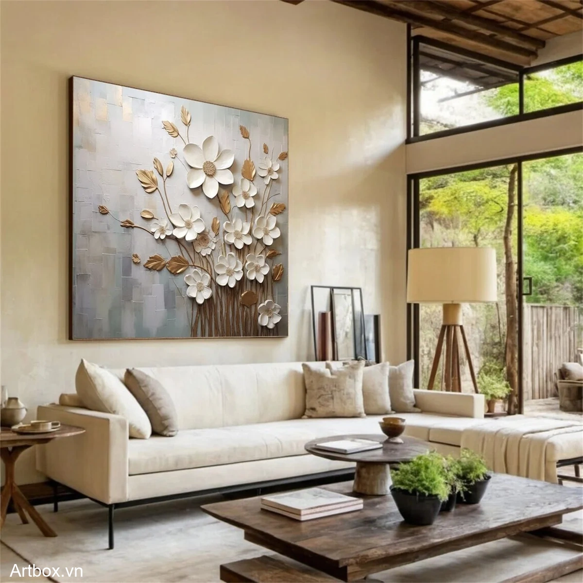 Vườn Hoa Trắng Vàng – Tranh Sơn Acrylic Trừu Tượng Hoa Đa sắc Trang Trí Phòng khách, Phòng ngủ – Phong Cách Hiện Đại