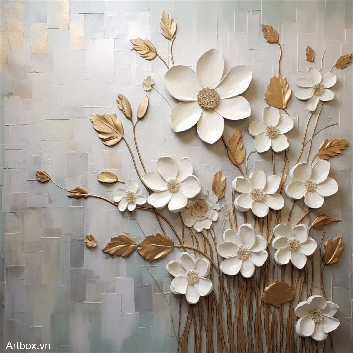 Vườn Hoa Trắng Vàng – Tranh Sơn Acrylic Trừu Tượng Hoa Đa sắc Trang Trí Phòng khách, Phòng ngủ – Phong Cách Hiện Đại