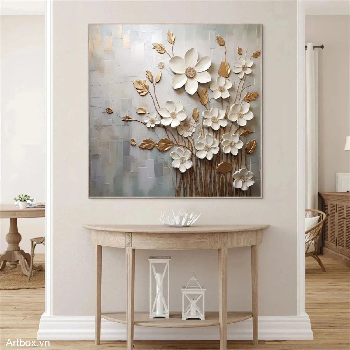 Vườn Hoa Trắng Vàng – Tranh Sơn Acrylic Trừu Tượng Hoa Đa sắc Trang Trí Phòng khách, Phòng ngủ – Phong Cách Hiện Đại