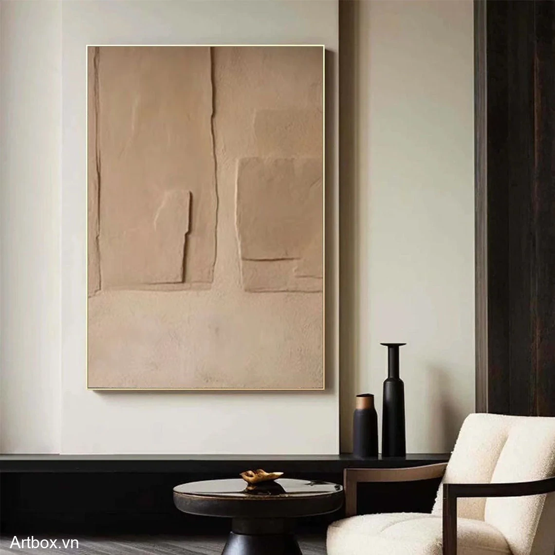 Hơi Ấm Của Đất – Tranh Sơn Acrylic Trừu Tượng Minimal / Tối giản Nâu be Trang Trí Phòng khách, Phòng ngủ – Phong Cách Hiện Đại