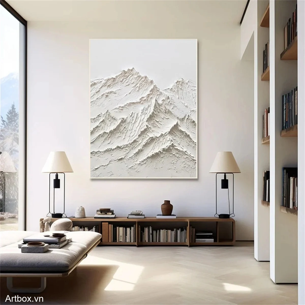 Đỉnh Núi Trắng – Tranh Sơn Acrylic Trừu Tượng Phong cảnh Đen trắng Trang Trí Phòng khách, Phòng làm việc – Phong Cách Hiện Đại