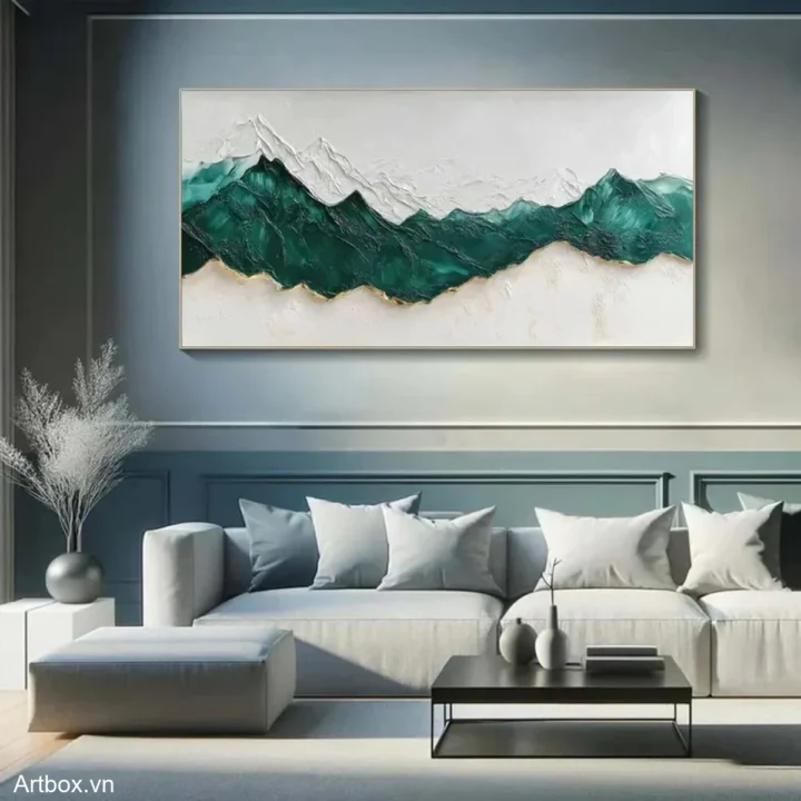 Dãy Núi Xanh Biển – Tranh Sơn Acrylic Trừu Tượng Phong cảnh Xanh ngọc Trang Trí Phòng khách, Phòng làm việc – Phong Cách Hiện Đại