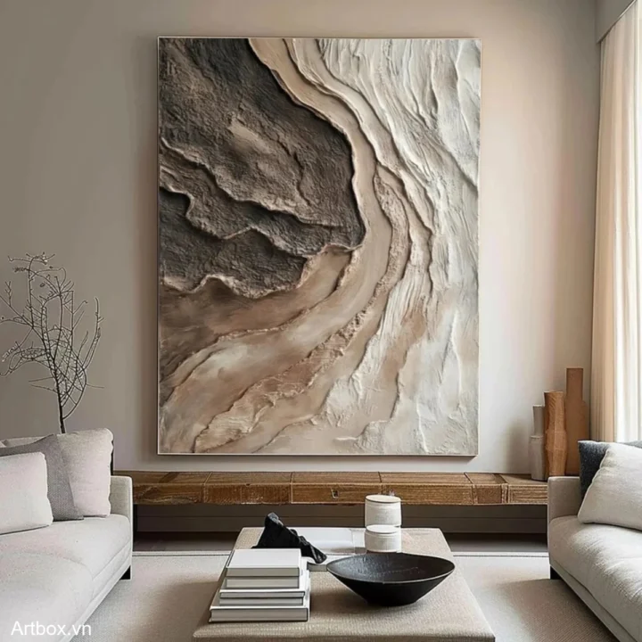 Dòng Chảy Tĩnh Lặng – Tranh Sơn Acrylic Trừu Tượng Trừu tượng Nâu be Trang Trí Phòng khách, Phòng ngủ – Phong Cách Hiện Đại
