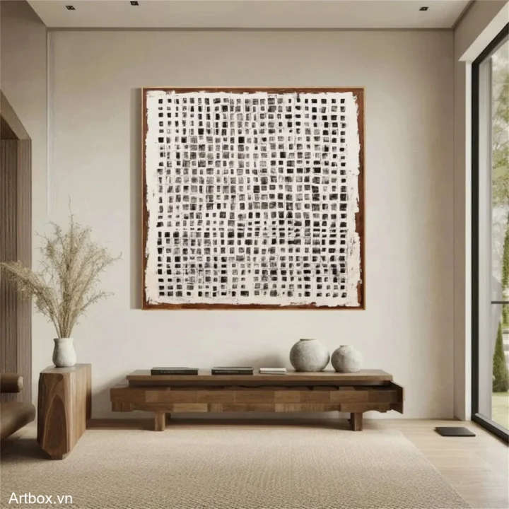 Mảnh Ghép Tĩnh Lặng – Tranh Sơn Acrylic Trừu Tượng Trừu tượng Đen trắng Trang Trí Phòng khách, Phòng làm việc – Phong Cách Hiện Đại