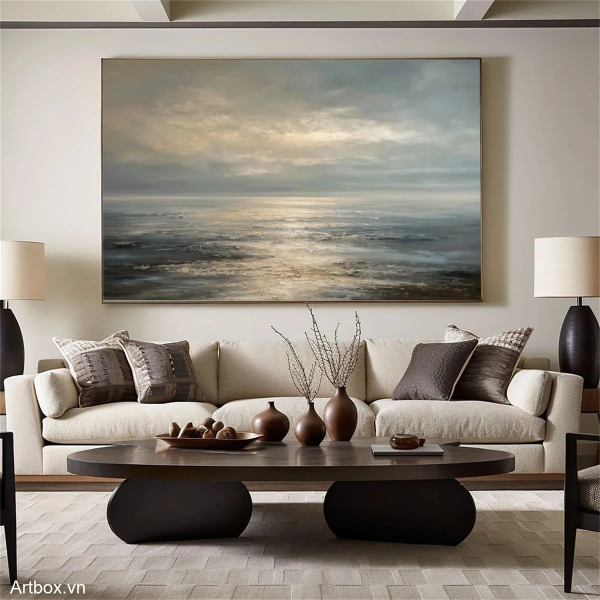 Bình Minh Trên Biển – Tranh Sơn Acrylic Trừu Tượng Biển Xanh dương Trang Trí Phòng khách, Phòng ngủ – Phong Cách Hiện Đại