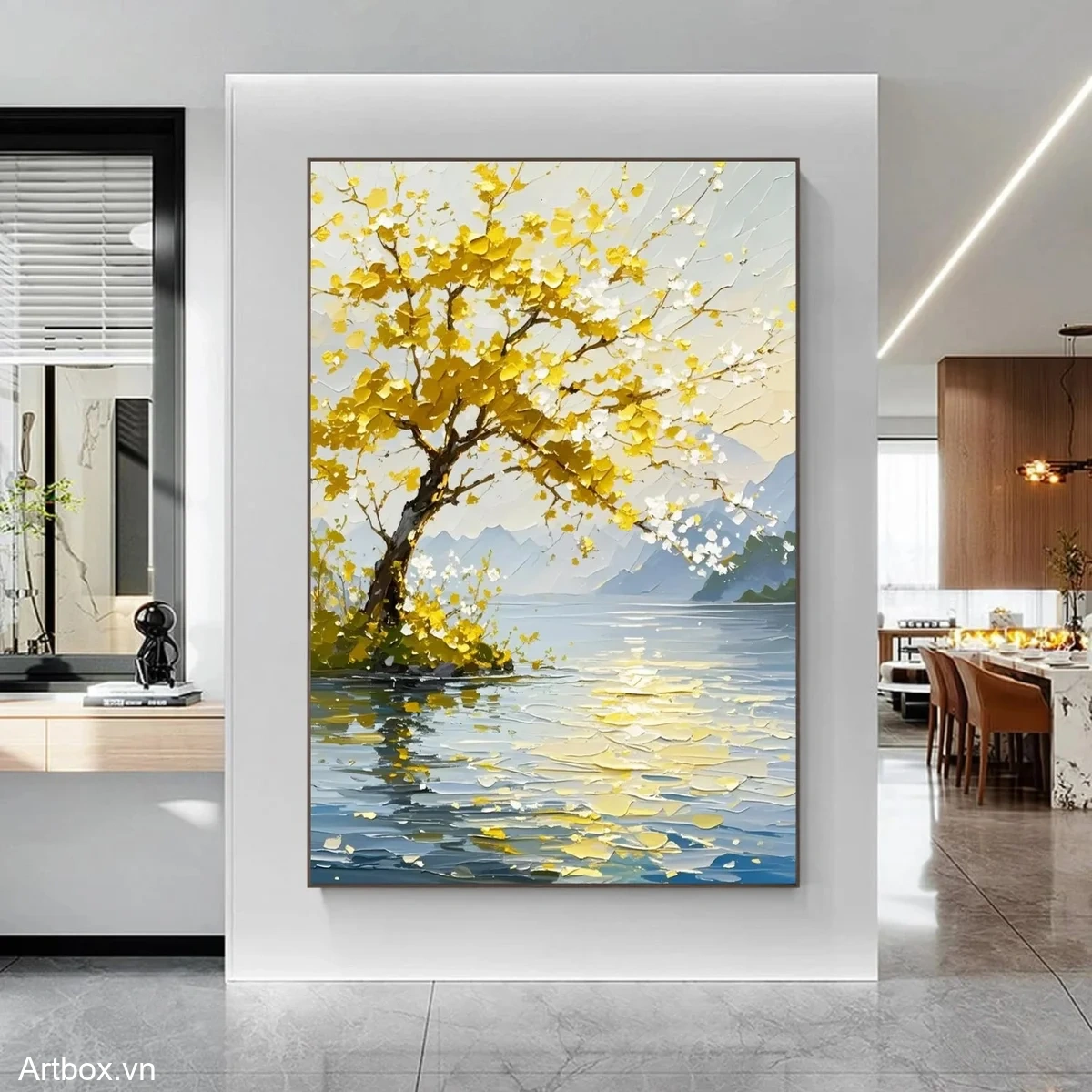 Ánh Sáng Trên Hồ Nước – Tranh Sơn Acrylic Trừu Tượng Hồ nước Vàng Trang Trí Phòng khách, Phòng ngủ – Phong Cách Hiện Đại