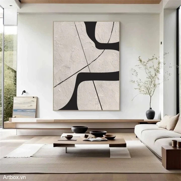 Dòng Chảy Tĩnh Lặng – Tranh Sơn Acrylic Trừu Tượng Trừu tượng Đen trắng Trang Trí Phòng khách, Phòng làm việc – Phong Cách Hiện Đại