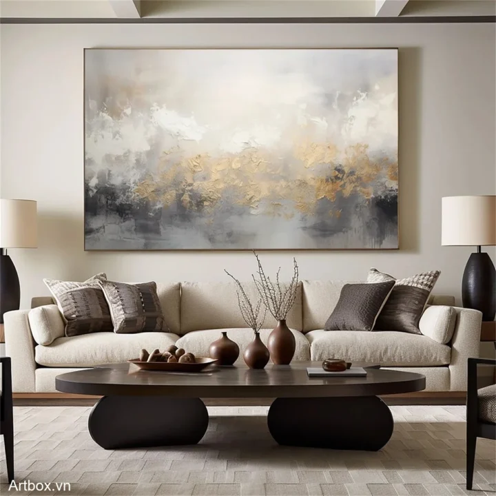 Sắc Vàng Trên Nền Xám – Tranh Sơn Acrylic Trừu Tượng Trừu tượng Đa sắc Trang Trí Phòng khách, Phòng làm việc – Phong Cách Hiện Đại