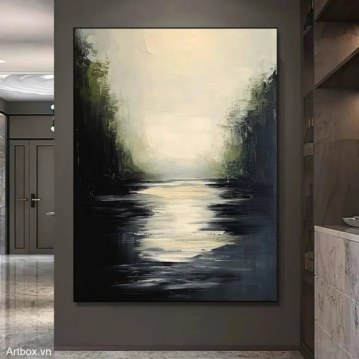 Hồ Sương Mù – Tranh Sơn Acrylic Trừu Tượng Hồ nước Xanh lá Trang Trí Phòng ngủ, Phòng làm việc – Phong Cách Hiện Đại