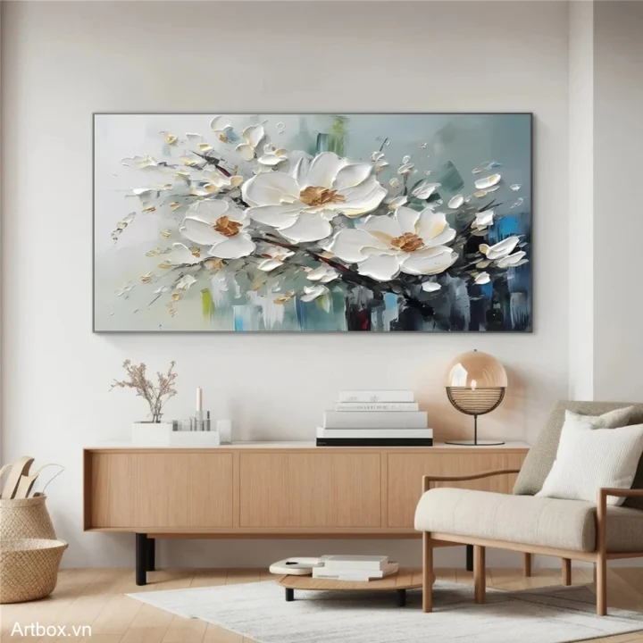 Hương Xuân Trắng – Tranh Sơn Acrylic Trừu Tượng Hoa Đa sắc Trang Trí Phòng khách, Phòng ngủ – Phong Cách Hiện Đại
