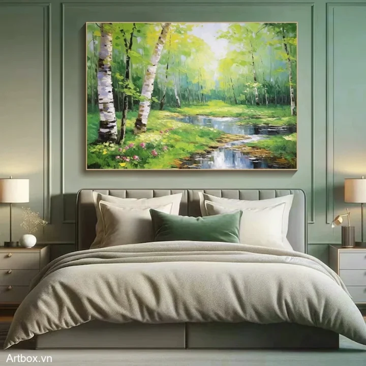 Bình Yên Giữa Rừng Xanh – Tranh Sơn Acrylic Trừu Tượng Phong cảnh Xanh lá Trang Trí Phòng ngủ, Phòng khách – Phong Cách Hiện Đại