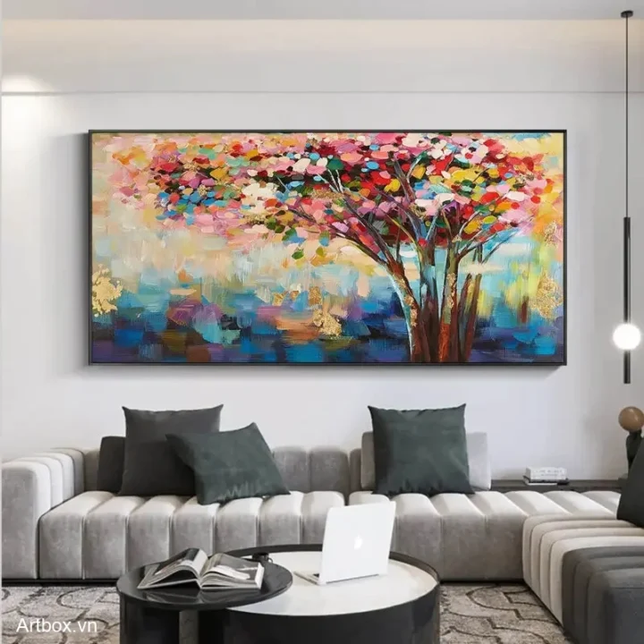 Cây Mùa Xuân Rực Rỡ – Tranh Sơn Acrylic Trừu Tượng Cây Đa sắc Trang Trí Phòng khách, Phòng ngủ – Phong Cách Hiện Đại