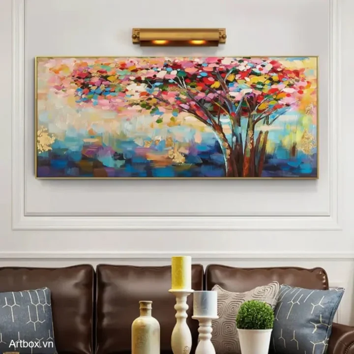Cây Mùa Xuân Rực Rỡ – Tranh Sơn Acrylic Trừu Tượng Cây Đa sắc Trang Trí Phòng khách, Phòng ngủ – Phong Cách Hiện Đại
