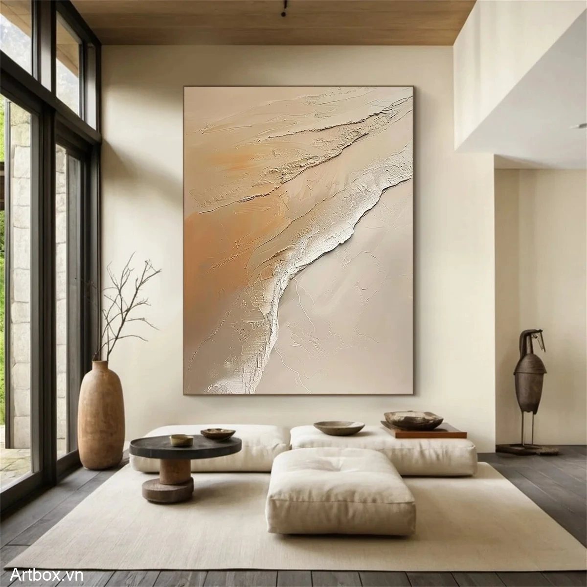 Dòng Chảy Tĩnh Lặng – Tranh Sơn Acrylic Trừu Tượng Trừu tượng Nâu be Trang Trí Phòng khách, Phòng ngủ – Phong Cách Hiện Đại