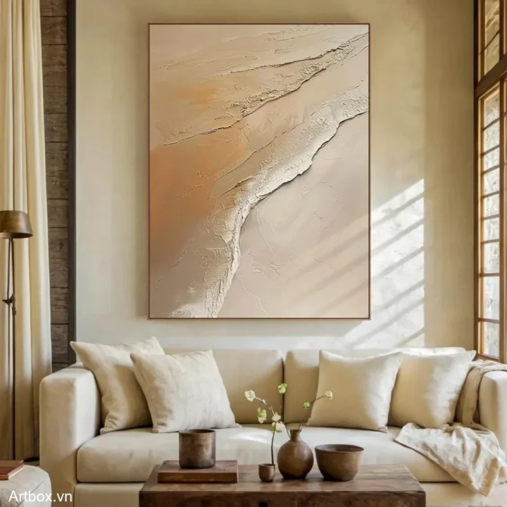 Dòng Chảy Tĩnh Lặng – Tranh Sơn Acrylic Trừu Tượng Trừu tượng Nâu be Trang Trí Phòng khách, Phòng ngủ – Phong Cách Hiện Đại