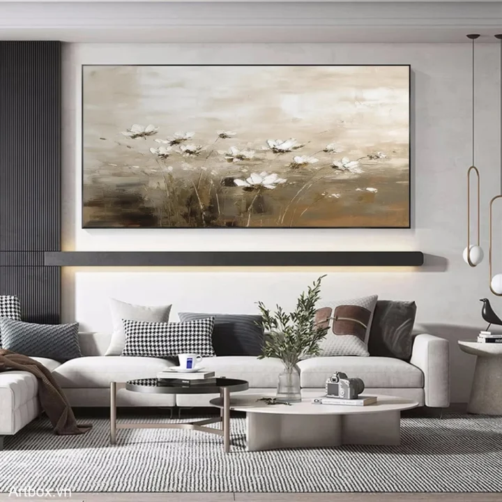 Vườn Hoa Nắng Sớm – Tranh Sơn Acrylic Trừu Tượng Hoa Nâu be Trang Trí Phòng khách, Phòng ngủ – Phong Cách Hiện Đại
