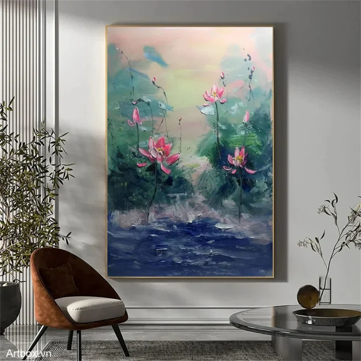 Hồ Sen Dịu Dàng – Tranh Sơn Acrylic Trừu Tượng Hoa Đa sắc Trang Trí Phòng ngủ, Phòng khách – Phong Cách Hiện Đại