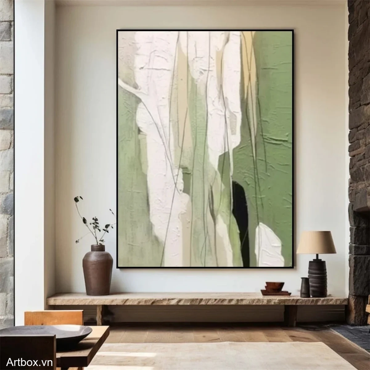 Hơi Thở Tự Nhiên – Tranh Sơn Acrylic Trừu Tượng Trừu tượng Xanh lá Trang Trí Phòng khách, Phòng ngủ – Phong Cách Hiện Đại