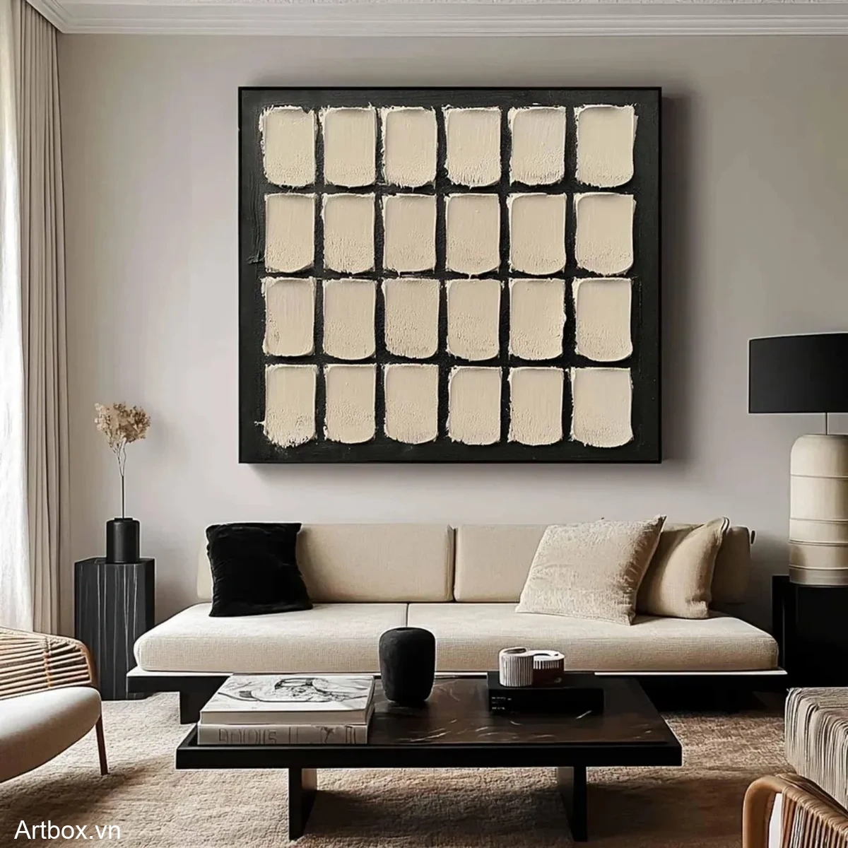 Chạm Vào Tĩnh Lặng – Tranh Sơn Acrylic Trừu Tượng Minimal / Tối giản Đen trắng Trang Trí Phòng khách, Phòng làm việc – Phong Cách Hiện Đại