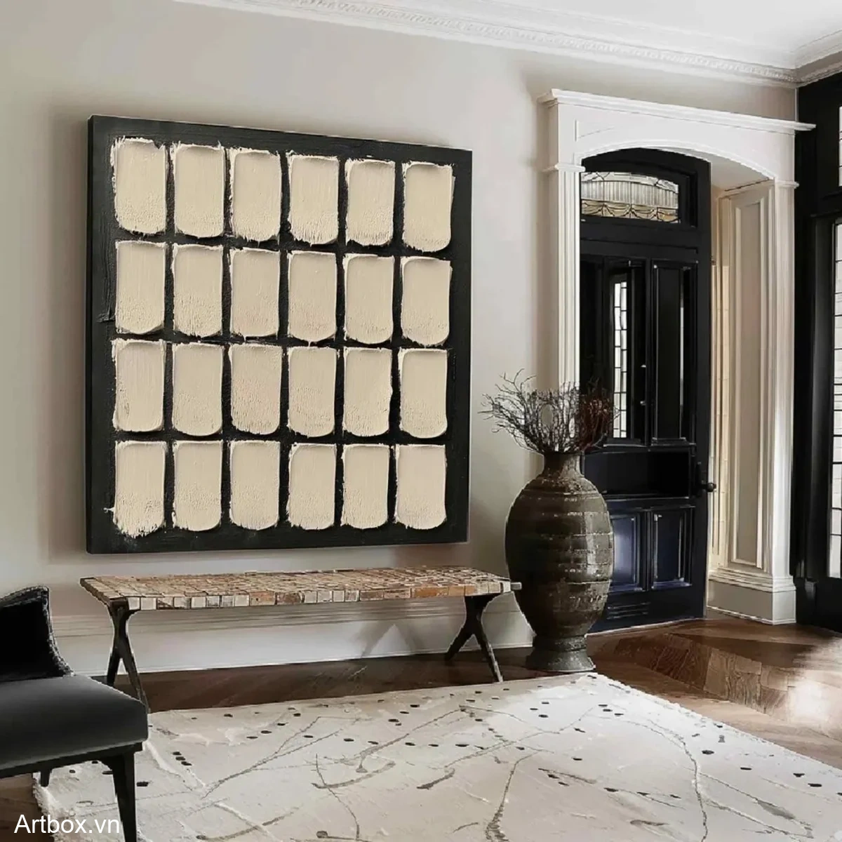 Chạm Vào Tĩnh Lặng – Tranh Sơn Acrylic Trừu Tượng Minimal / Tối giản Đen trắng Trang Trí Phòng khách, Phòng làm việc – Phong Cách Hiện Đại