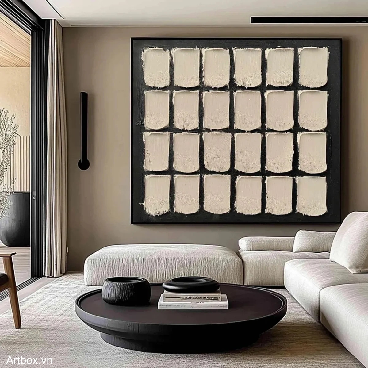 Chạm Vào Tĩnh Lặng – Tranh Sơn Acrylic Trừu Tượng Minimal / Tối giản Đen trắng Trang Trí Phòng khách, Phòng làm việc – Phong Cách Hiện Đại