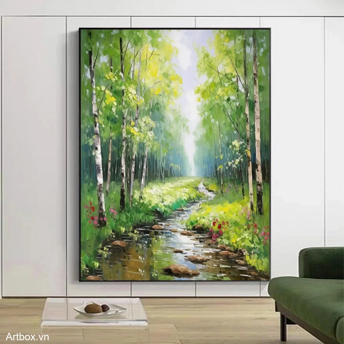 Dòng Suối Trong Xanh – Tranh Sơn Acrylic Trừu Tượng Phong cảnh Xanh lá Trang Trí Phòng khách, Phòng ngủ – Phong Cách Hiện Đại