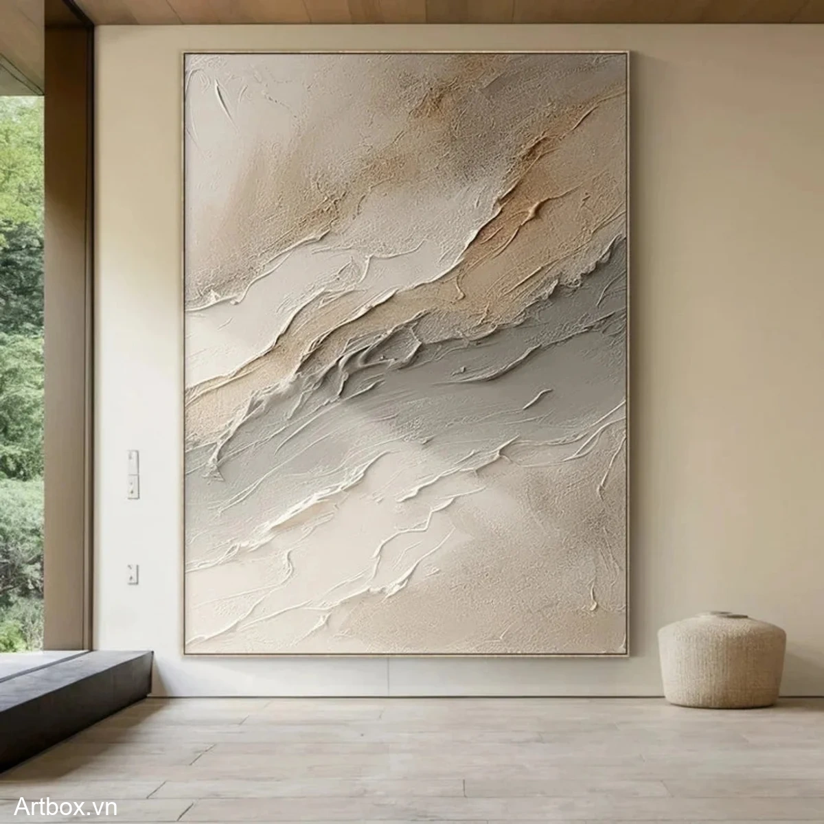 Dòng Chảy Tĩnh Lặng – Tranh Sơn Acrylic Trừu Tượng Trừu tượng Nâu be Trang Trí Phòng khách, Phòng ngủ – Phong Cách Hiện Đại