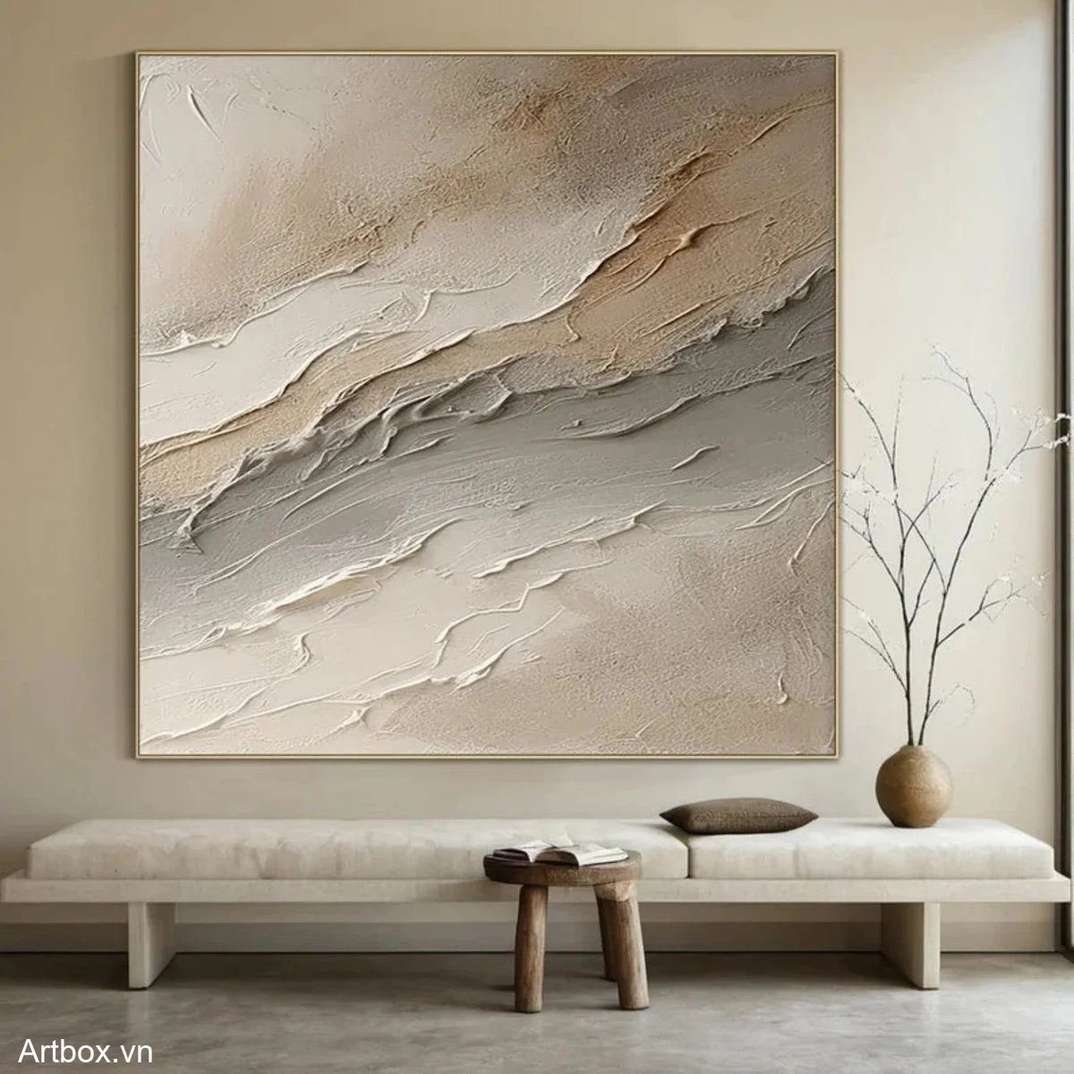 Dòng Chảy Tĩnh Lặng – Tranh Sơn Acrylic Trừu Tượng Trừu tượng Nâu be Trang Trí Phòng khách, Phòng ngủ – Phong Cách Hiện Đại