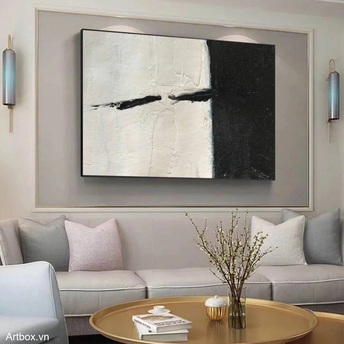 Đối Kháng Tĩnh Lặng – Tranh Sơn Acrylic Trừu Tượng Trừu tượng Đen trắng Trang Trí Phòng khách, Phòng làm việc – Phong Cách Hiện Đại