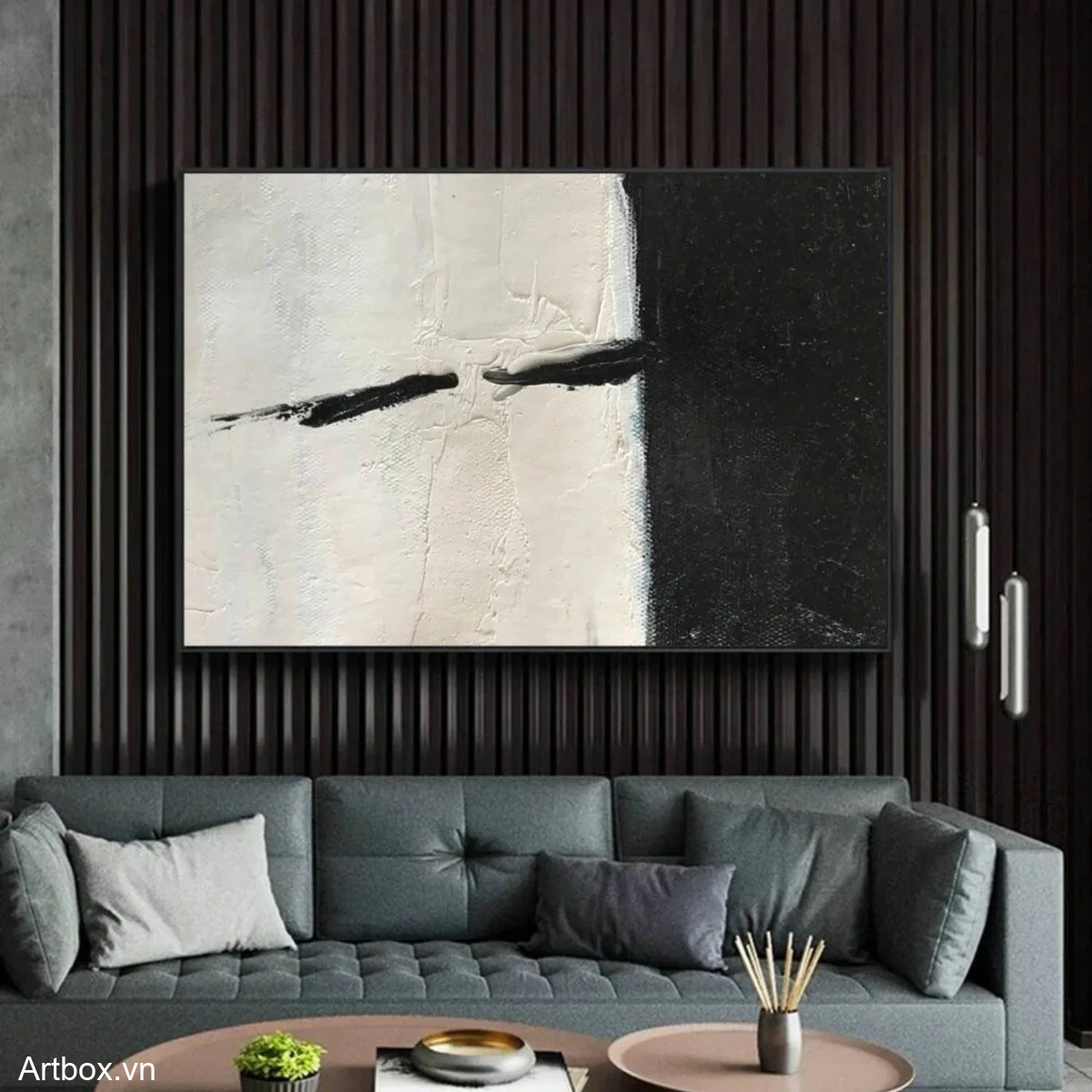 Đối Kháng Tĩnh Lặng – Tranh Sơn Acrylic Trừu Tượng Trừu tượng Đen trắng Trang Trí Phòng khách, Phòng làm việc – Phong Cách Hiện Đại