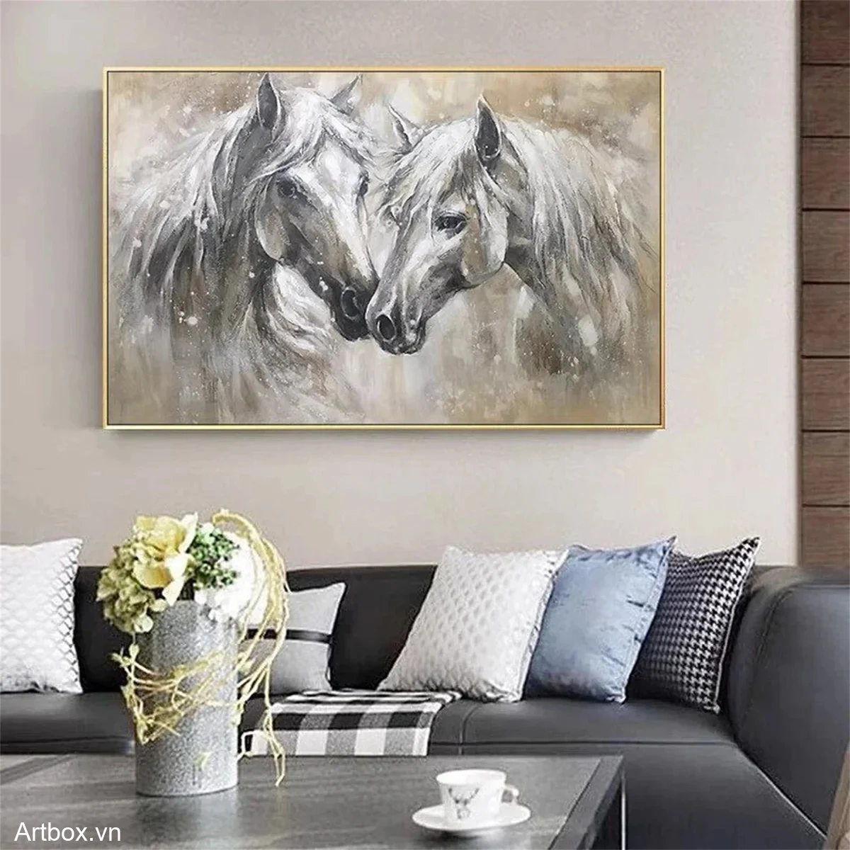 Giai Điệu Của Những Chú Ngựa – Tranh Sơn Acrylic Trừu Tượng Động vật Đen trắng Trang Trí Phòng khách, Phòng ngủ – Phong Cách Hiện Đại