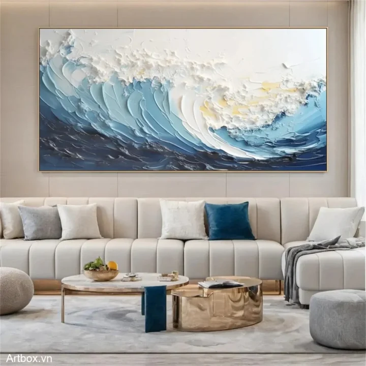 Sóng Vỗ Bờ – Tranh Sơn Acrylic Trừu Tượng Biển Xanh dương Trang Trí Phòng khách, Phòng ngủ – Phong Cách Hiện Đại