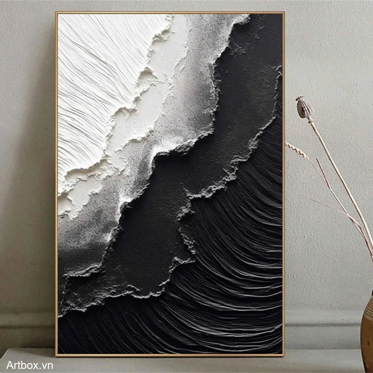 Hơi Thở Đen Trắng – Tranh Sơn Acrylic Trừu Tượng Trừu tượng Đen trắng Trang Trí Phòng khách, Phòng làm việc – Phong Cách Hiện Đại