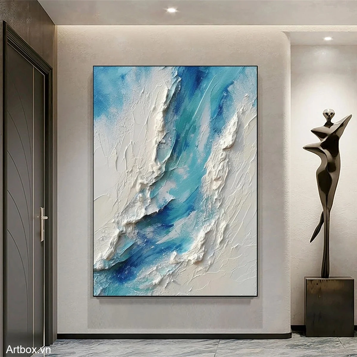 Dòng Chảy Tĩnh Lặng – Tranh Sơn Acrylic Trừu Tượng Trừu tượng Xanh dương Trang Trí Phòng khách, Phòng làm việc – Phong Cách Hiện Đại