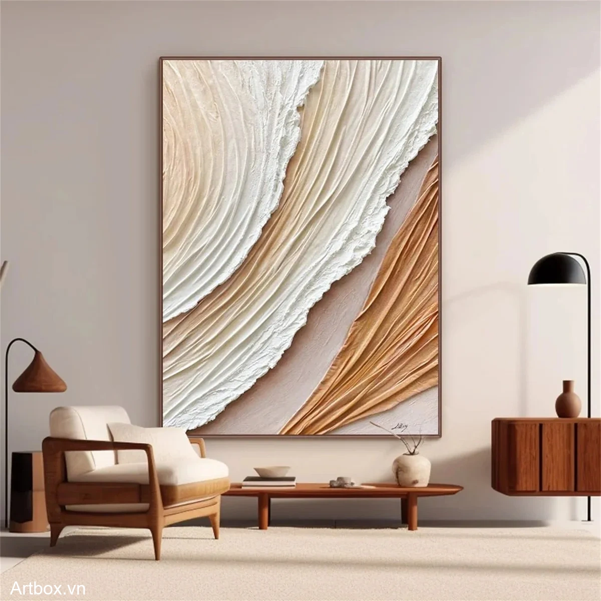 Dòng Chảy Từ Nền Đất – Tranh Sơn Acrylic Trừu Tượng Trừu tượng Nâu be Trang Trí Phòng khách, Phòng ngủ – Phong Cách Hiện Đại