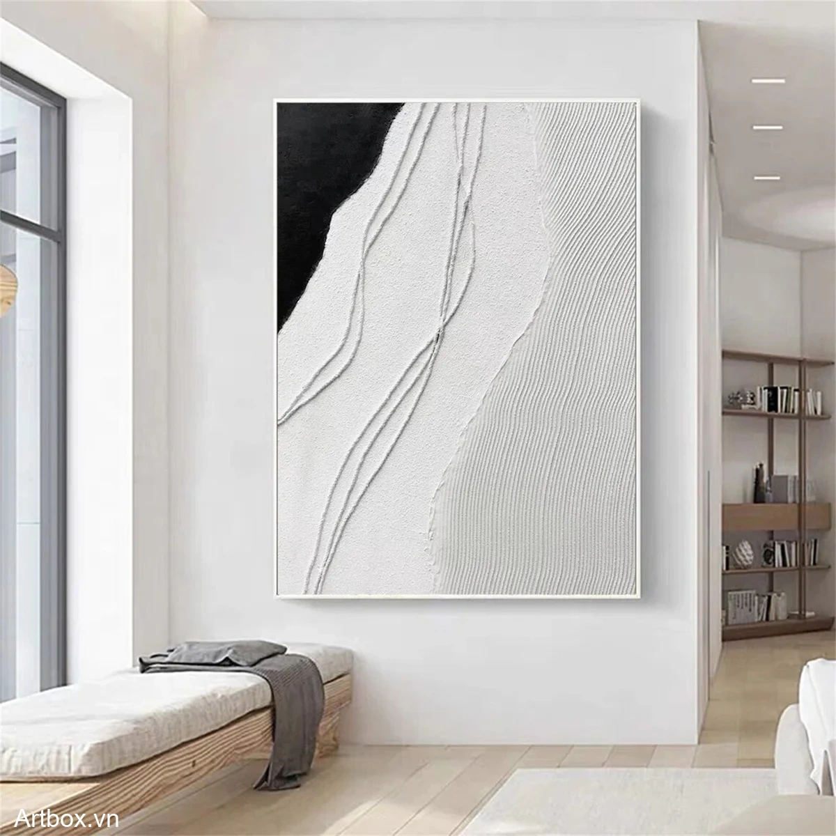 Dòng Chảy Tĩnh Lặng – Tranh Sơn Acrylic Trừu Tượng Trừu tượng Đen trắng Trang Trí Phòng khách, Phòng làm việc – Phong Cách Hiện Đại