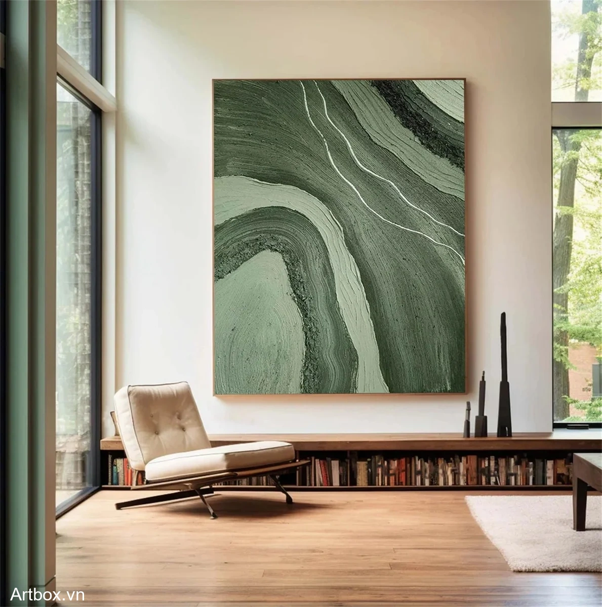 Những Đường Cong Của Thiên Nhiên – Tranh Sơn Acrylic Trừu Tượng Trừu tượng Xanh lá Trang Trí Phòng khách, Phòng làm việc – Phong Cách Hiện Đại