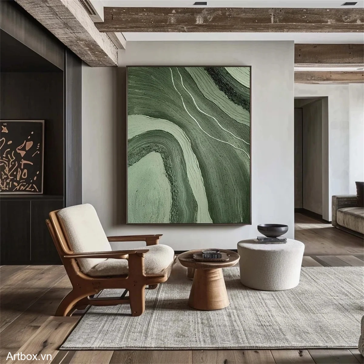 Những Đường Cong Của Thiên Nhiên – Tranh Sơn Acrylic Trừu Tượng Trừu tượng Xanh lá Trang Trí Phòng khách, Phòng làm việc – Phong Cách Hiện Đại