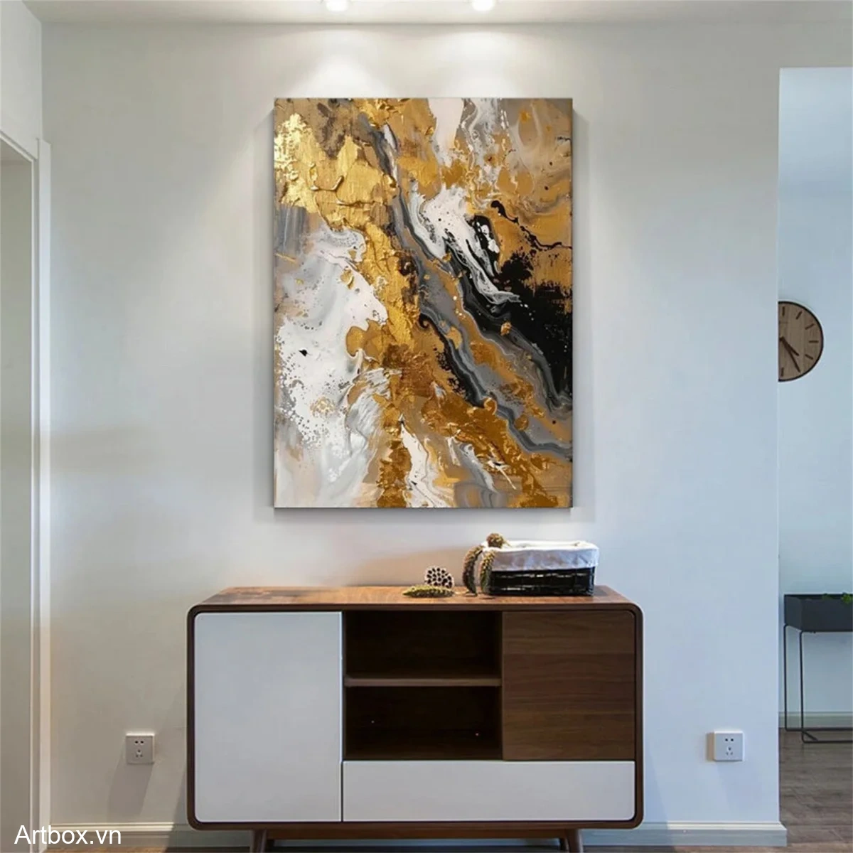 Vàng Và Đen Hòa Quyện – Tranh Sơn Acrylic Trừu Tượng Trừu tượng Đa sắc Trang Trí Phòng khách, Văn Phòng – Phong Cách Hiện Đại