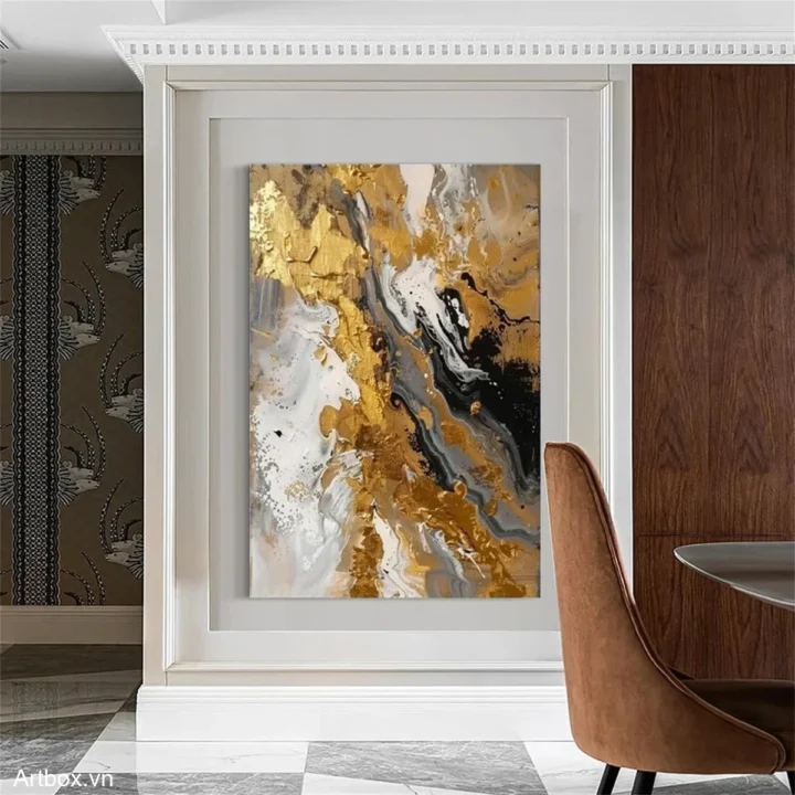 Vàng Và Đen Hòa Quyện – Tranh Sơn Acrylic Trừu Tượng Trừu tượng Đa sắc Trang Trí Phòng khách, Văn Phòng – Phong Cách Hiện Đại