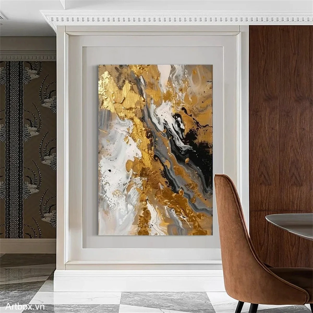 Vàng Và Đen Hòa Quyện – Tranh Sơn Acrylic Trừu Tượng Trừu tượng Đa sắc Trang Trí Phòng khách, Văn Phòng – Phong Cách Hiện Đại